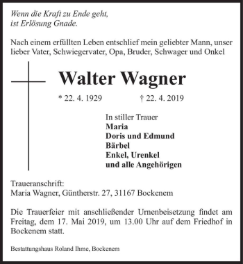 Traueranzeige von Walter Wagner  von Magdeburger Volksstimme