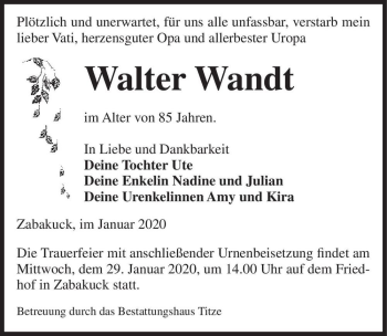 Traueranzeige von Walter Wandt  von Magdeburger Volksstimme