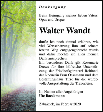 Traueranzeige von Walter Wandt  von Magdeburger Volksstimme