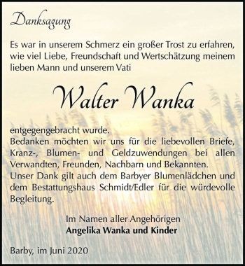 Traueranzeige von Walter Wanka  von Magdeburger Volksstimme