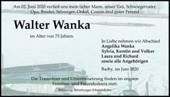 Traueranzeige von Walter Wanka  von Magdeburger Volksstimme