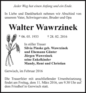 Traueranzeige von Walter Wawrzinek  von Magdeburger Volksstimme