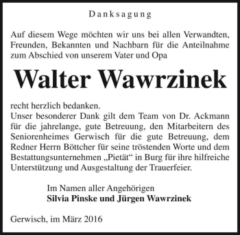 Traueranzeige von Walter Wawrzinek  von Magdeburger Volksstimme