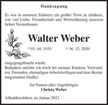 Traueranzeige von Walter Weber  von Magdeburger Volksstimme