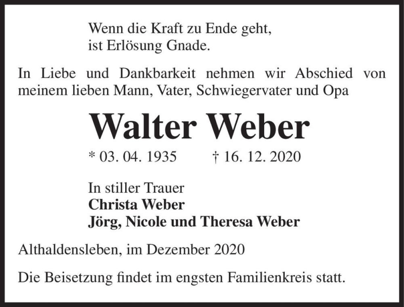  Traueranzeige für Walter Weber  vom 19.12.2020 aus Magdeburger Volksstimme