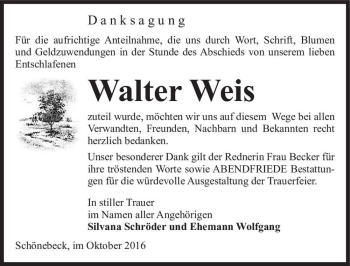 Traueranzeige von Walter Weis  von Magdeburger Volksstimme