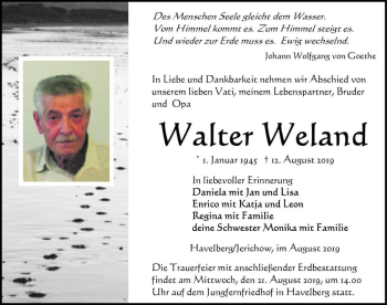 Traueranzeige von Walter Weland  von Magdeburger Volksstimme
