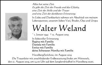 Traueranzeige von Walter Weland  von Magdeburger Volksstimme