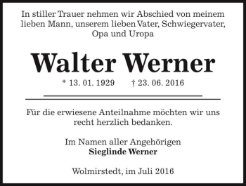 Traueranzeige von Walter Werner  von Magdeburger Volksstimme