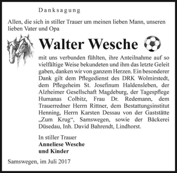 Traueranzeige von Walter Wesche  von Magdeburger Volksstimme