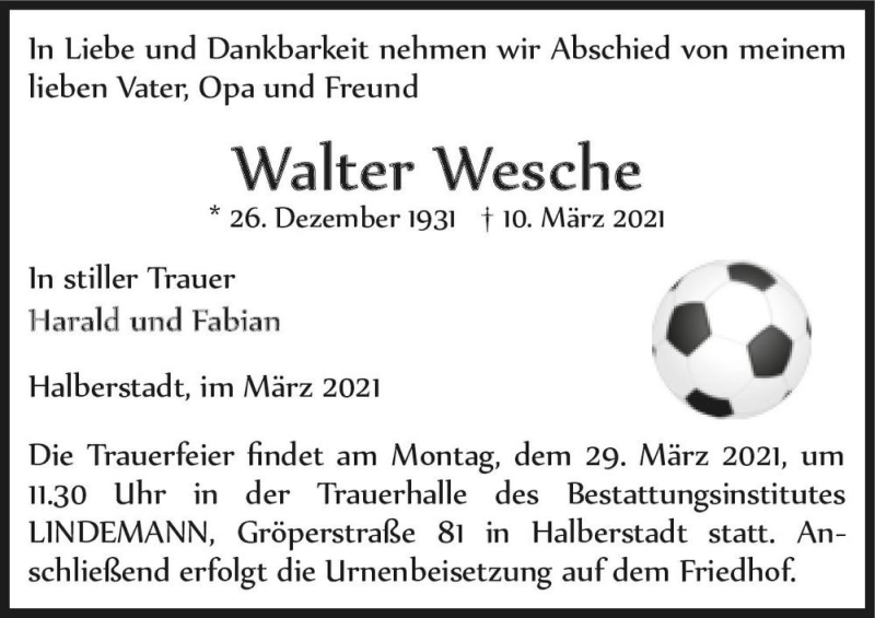  Traueranzeige für Walter Wesche  vom 20.03.2021 aus Magdeburger Volksstimme