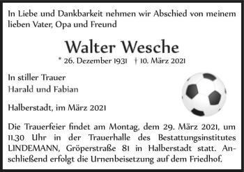 Traueranzeige von Walter Wesche  von Magdeburger Volksstimme