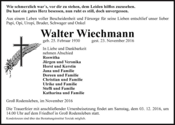 Traueranzeige von Walter Wiechmann  von Magdeburger Volksstimme