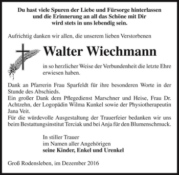 Traueranzeige von Walter Wiechmann  von Magdeburger Volksstimme