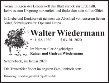 Traueranzeige von Walter Wiedermann  von Magdeburger Volksstimme