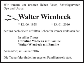 Traueranzeige von Walter Wienbeck  von Magdeburger Volksstimme