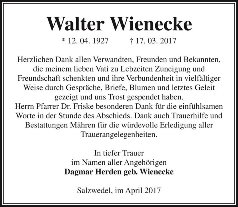  Traueranzeige für Walter Wienecke  vom 19.04.2017 aus Magdeburger Volksstimme