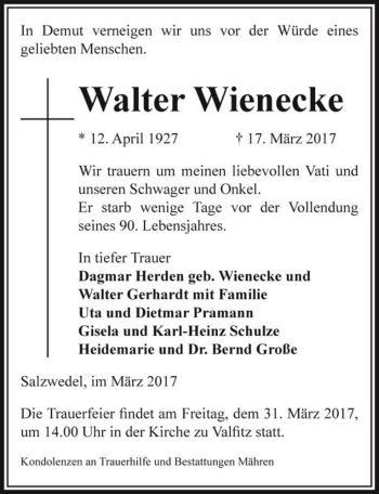 Traueranzeige von Walter Wienecke  von Magdeburger Volksstimme