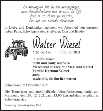 Traueranzeige von Walter Wiesel  von Magdeburger Volksstimme