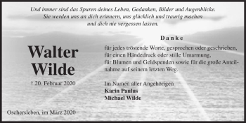 Traueranzeige von Walter Wilde  von Magdeburger Volksstimme