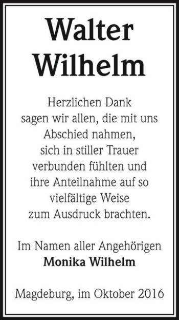 Traueranzeige von Walter Wilhelm  von Magdeburger Volksstimme