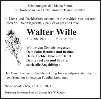 Traueranzeige von Walter Wille  von Magdeburger Volksstimme