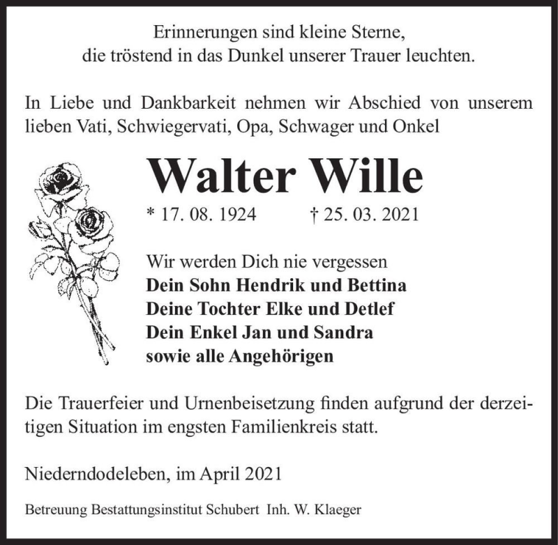  Traueranzeige für Walter Wille  vom 03.04.2021 aus Magdeburger Volksstimme