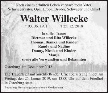 Traueranzeige von Walter Willecke  von Magdeburger Volksstimme