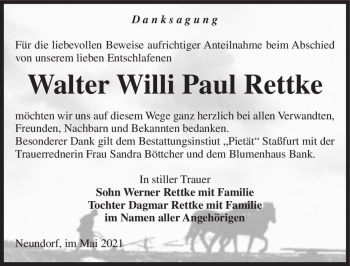 Traueranzeige von Walter Willi Paul Rettke  von Magdeburger Volksstimme