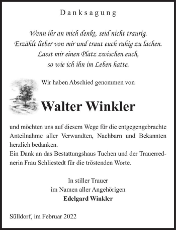 Traueranzeige von Walter Winkler  von Magdeburger Volksstimme