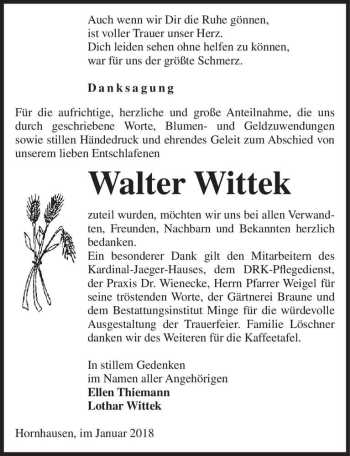 Traueranzeige von Walter Wittek  von Magdeburger Volksstimme