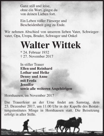 Traueranzeige von Walter Wittek  von Magdeburger Volksstimme