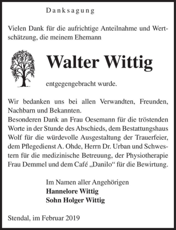 Traueranzeige von Walter Wittig  von Magdeburger Volksstimme