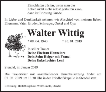 Traueranzeige von Walter Wittig  von Magdeburger Volksstimme