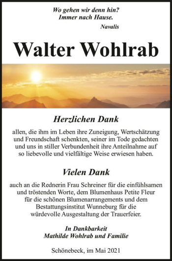 Traueranzeige von Walter Wohlrab  von Magdeburger Volksstimme