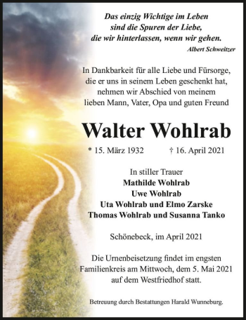 Traueranzeige von Walter Wohlrab  von Magdeburger Volksstimme