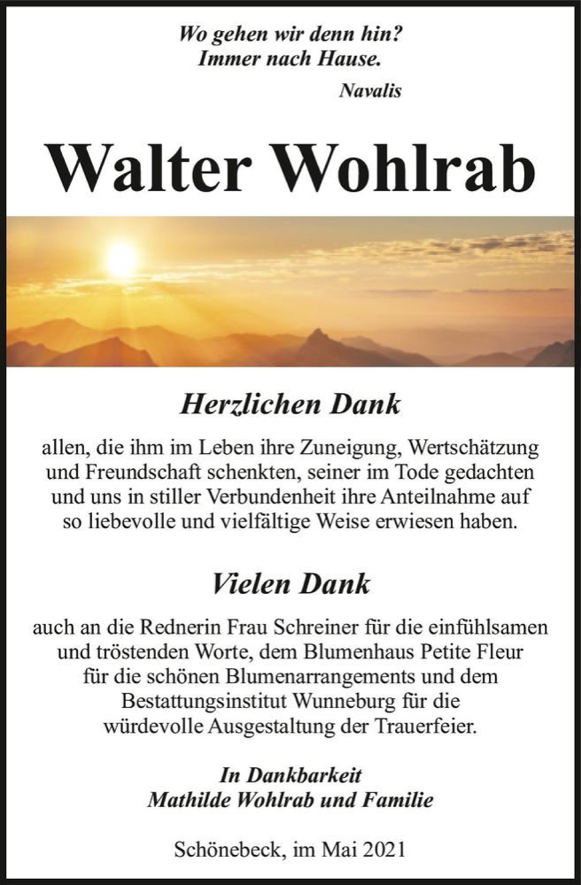  Traueranzeige für Walter Wohlrab  vom 22.05.2021 aus Magdeburger Volksstimme