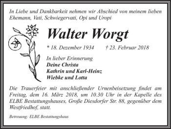 Traueranzeige von Walter Worgt  von Magdeburger Volksstimme