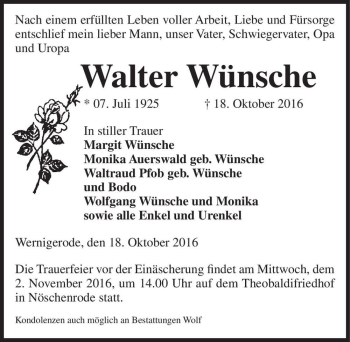 Traueranzeige von Walter Wünsche  von Magdeburger Volksstimme