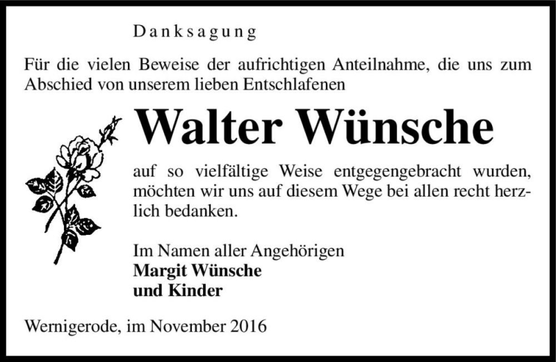  Traueranzeige für Walter Wünsche  vom 05.11.2016 aus Magdeburger Volksstimme