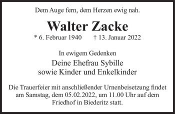 Traueranzeige von Walter Zacke  von Magdeburger Volksstimme