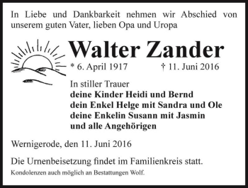 Traueranzeige von Walter Zander  von Magdeburger Volksstimme