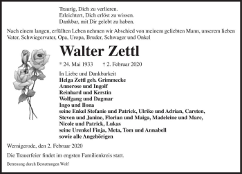 Traueranzeige von Walter Zettl  von Magdeburger Volksstimme
