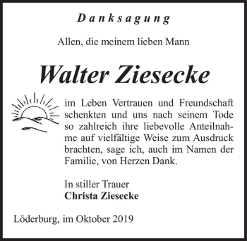 Traueranzeige von Walter Ziesecke  von Magdeburger Volksstimme