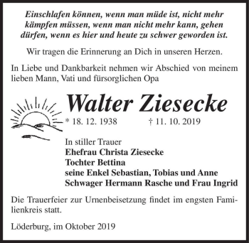 Traueranzeige von Walter Ziesecke  von Magdeburger Volksstimme