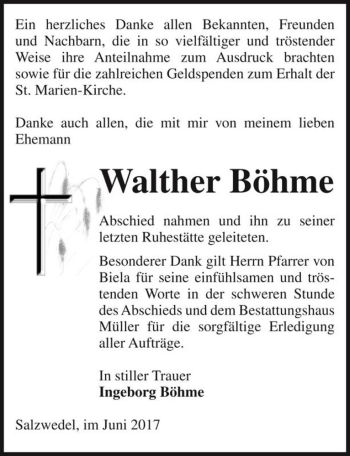 Traueranzeige von Walther Böhme  von Magdeburger Volksstimme