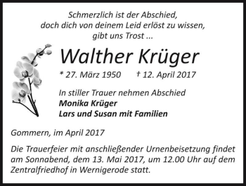 Traueranzeige von Walther Krüger  von Magdeburger Volksstimme