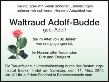 Traueranzeige von Waltraud Adolf-Budde (geb. Adolf)  von Magdeburger Volksstimme