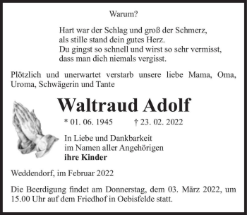 Traueranzeige von Waltraud Adolf  von Magdeburger Volksstimme