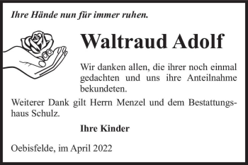 Traueranzeige von Waltraud Adolf  von Magdeburger Volksstimme